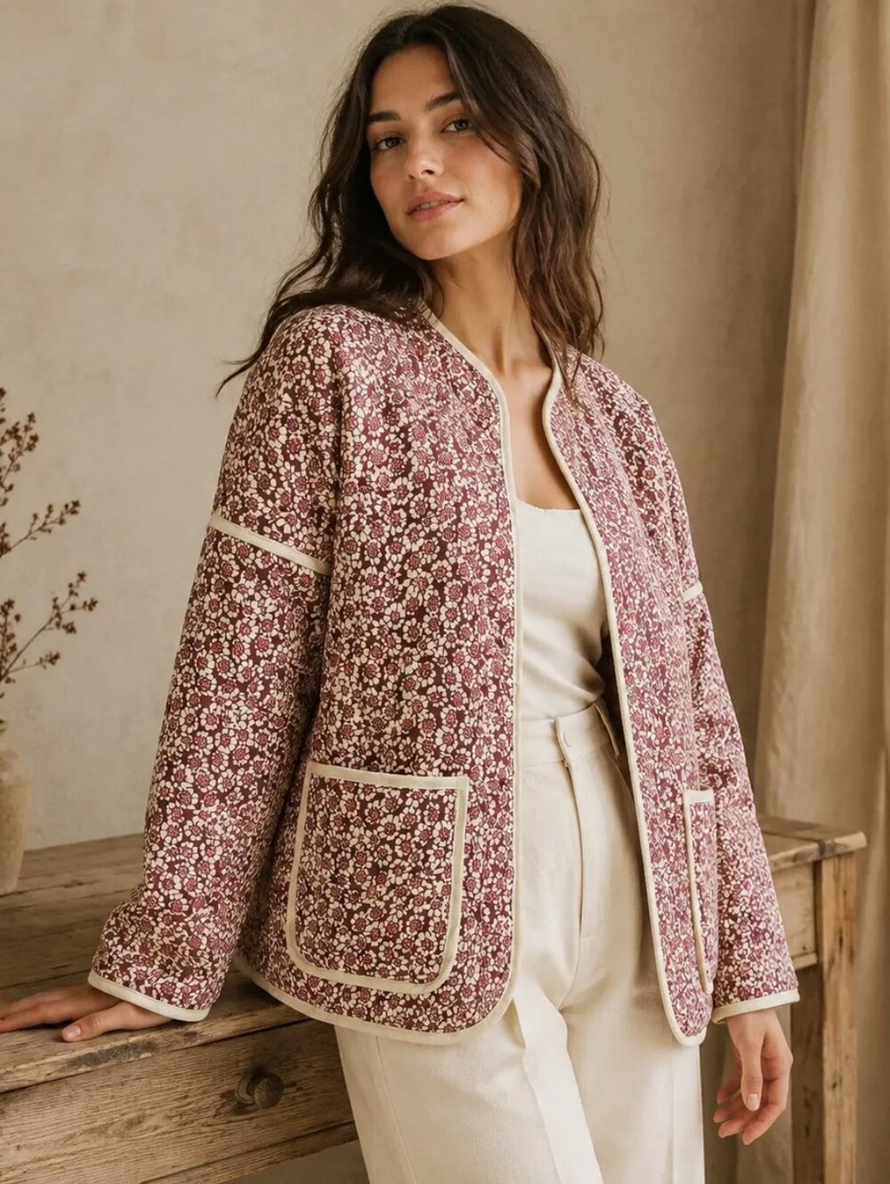 Quilted Floral Bomber Jacket in Mauve with Cream Trim (size M)